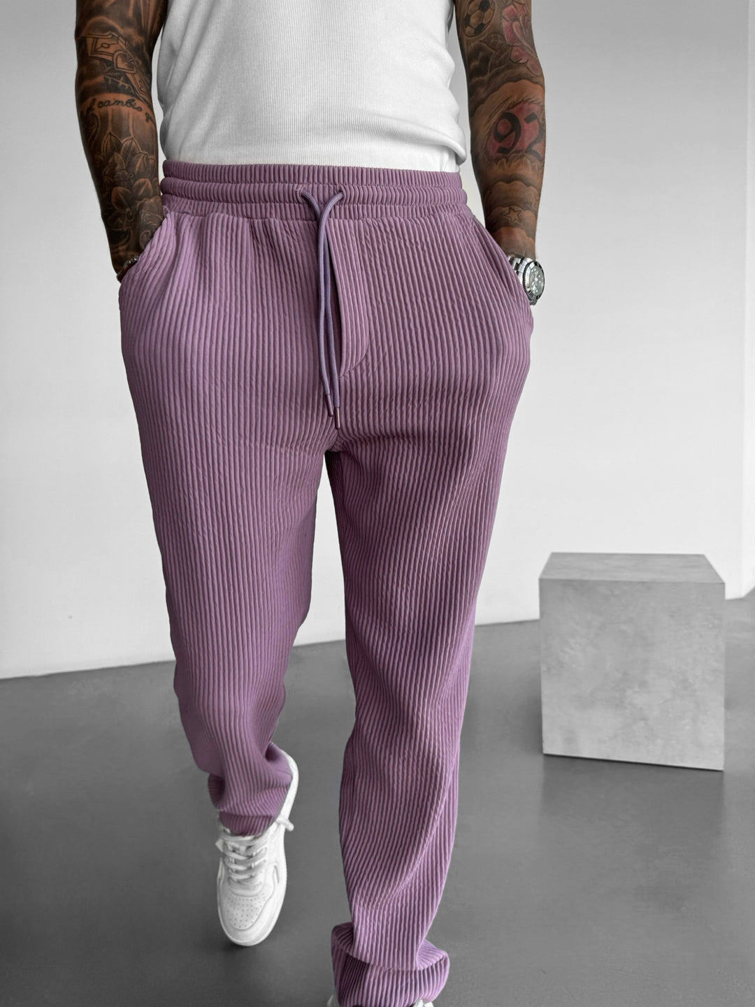 Loose Fit Ribbed Trousers - Elderberry