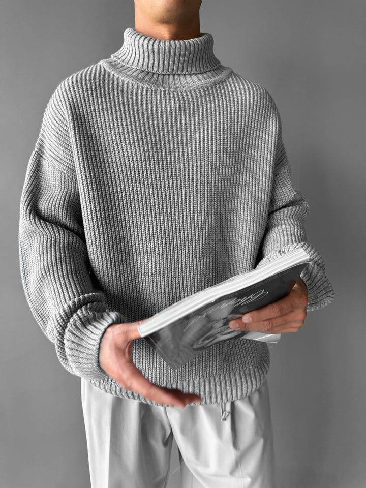 Oversize Collar Knit Sweater - Mottled Grey