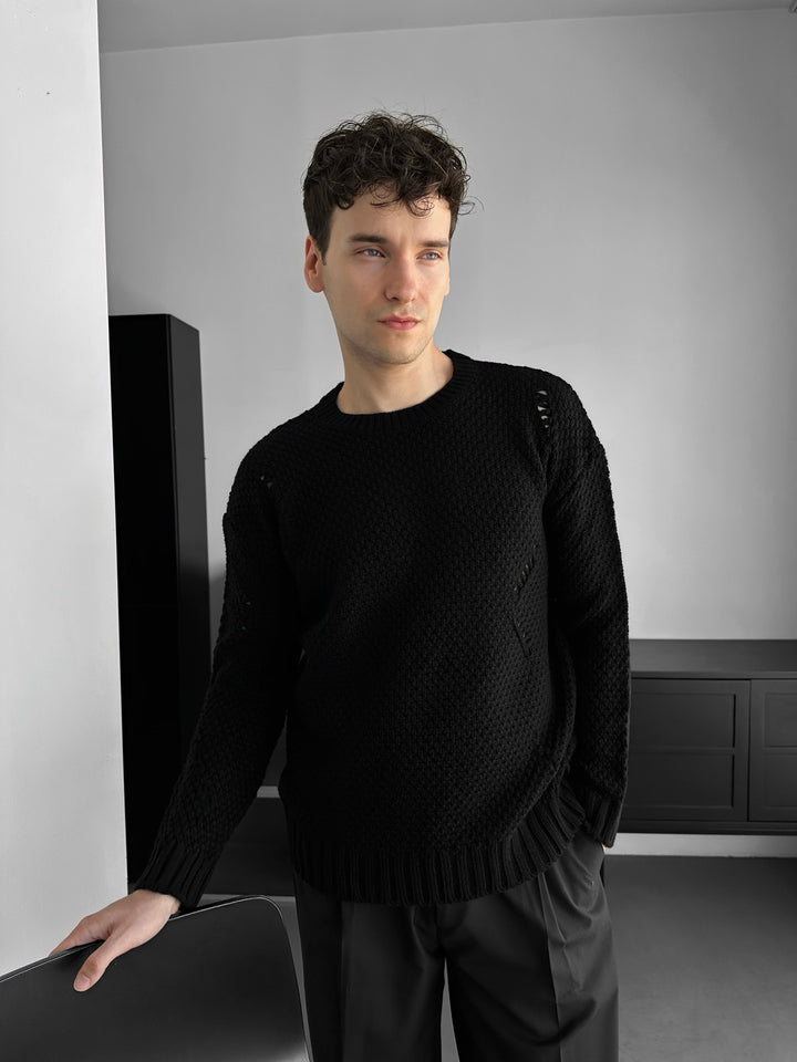 Regular Fit Textured Torn Sweater - Black