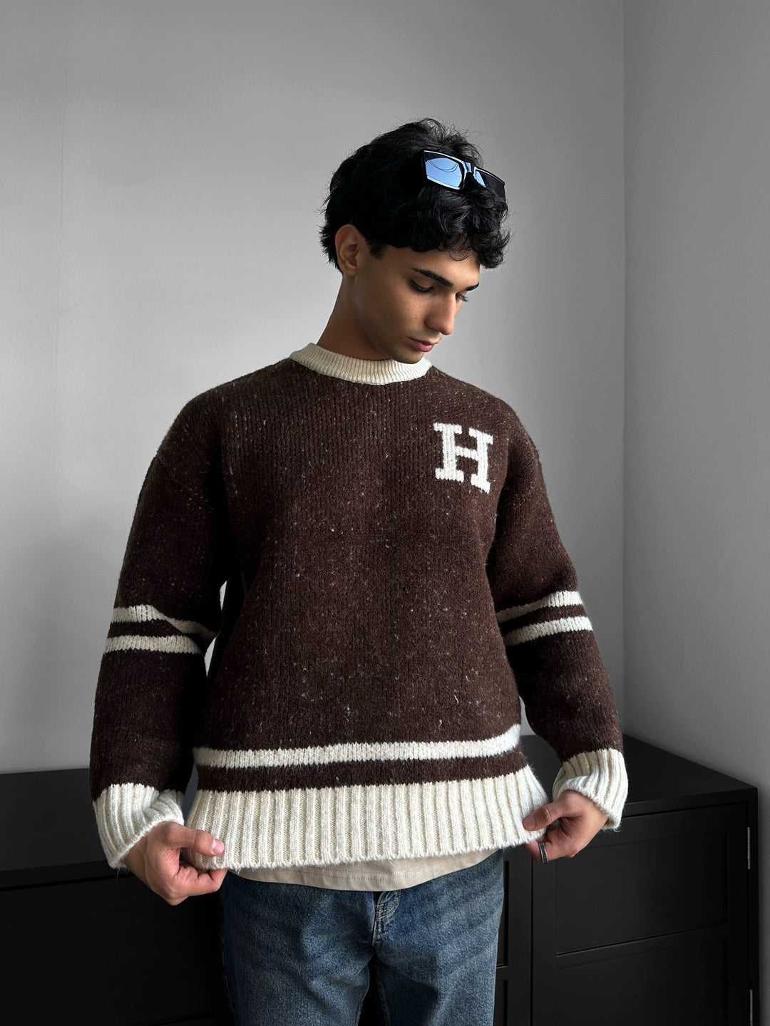 Oversize Knit Letter Sweater - Brown