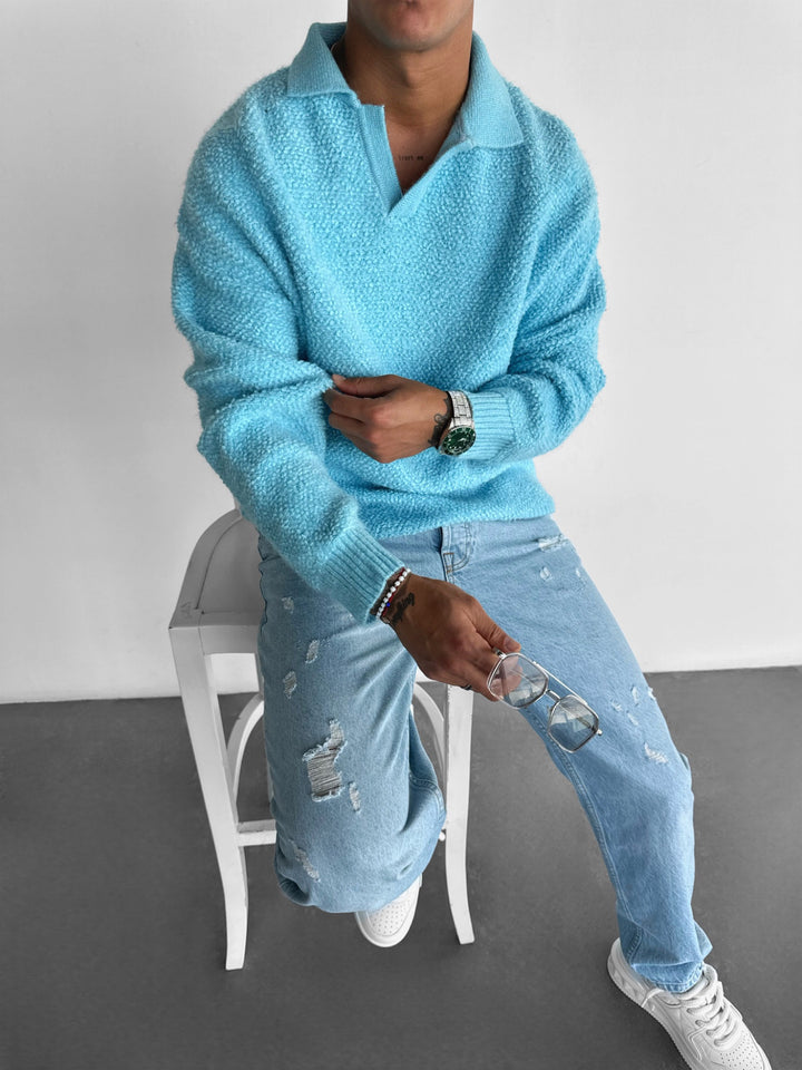 Knit Collar Brushed Pullover - Ice Blue