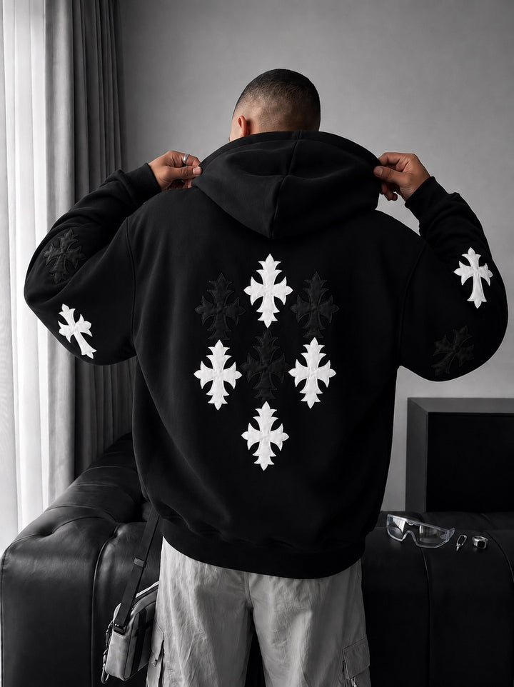 Oversize Gothic Cross Hoodie - Black