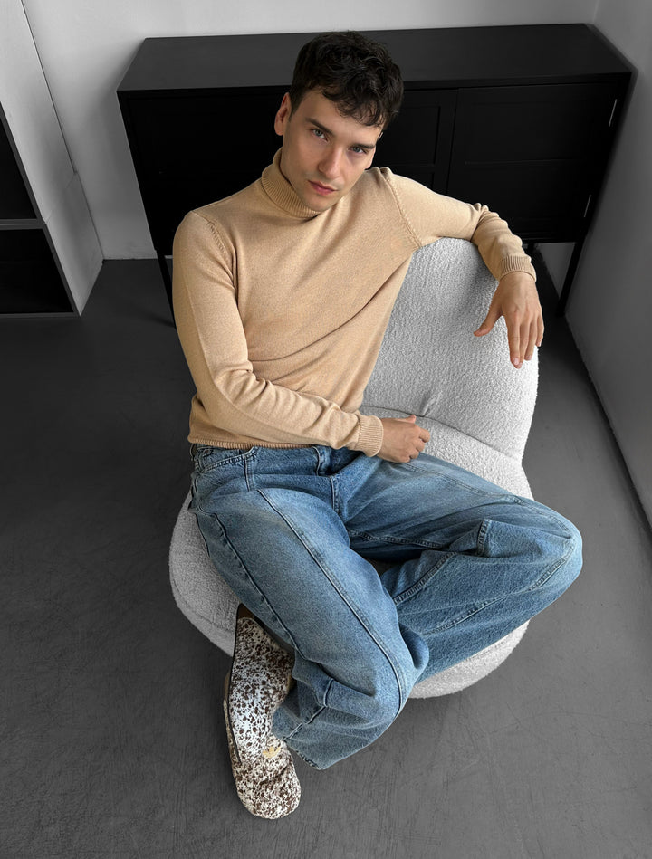 Slim Fit Long Neck Pullover - Beige