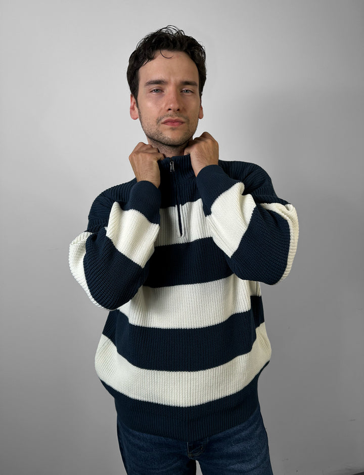 Oversize Zipper Long Pullover - Navy Blue