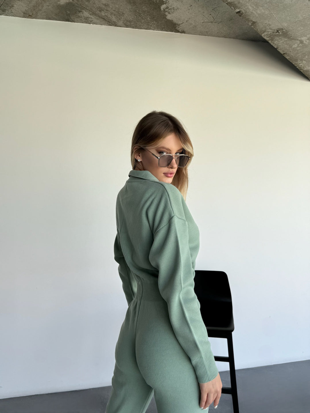 Long Arm Knit Jumpsuit - Mint