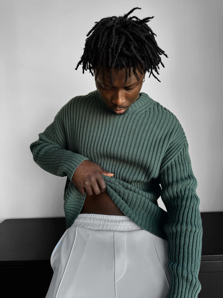 Loose Fit Striped Structure Pullover - Petrol