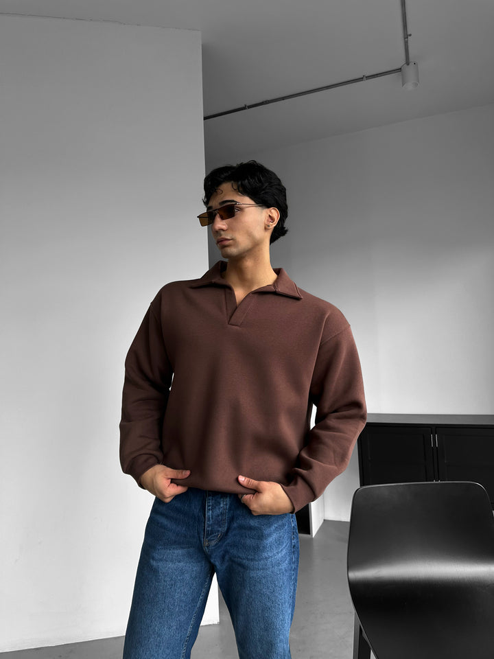 Oversize Basic Polo Sweatshirt - Chocolate Brown