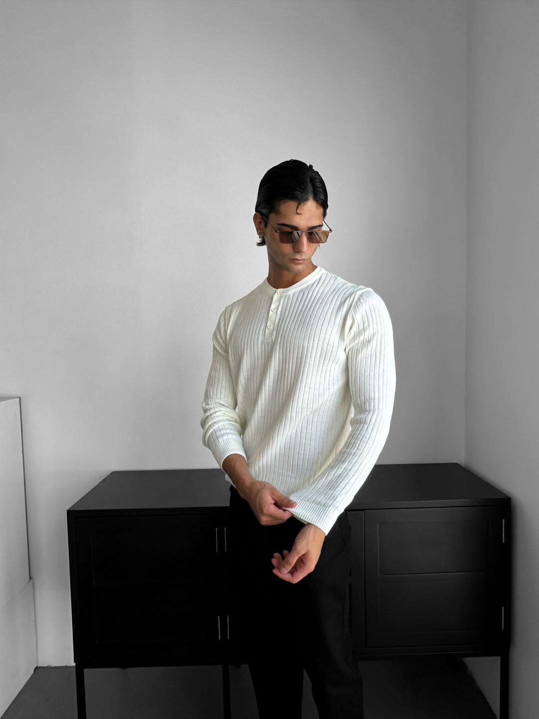 Slim Fit Button Knit Sweater - Ecru