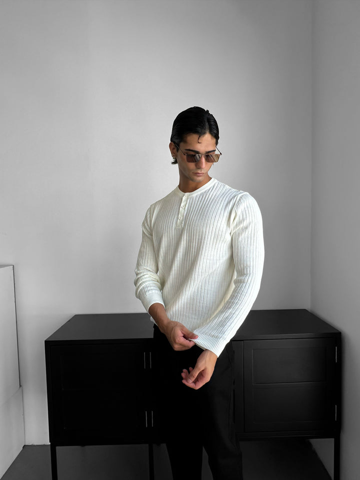 Slim Fit Button Knit Sweater - Ecru