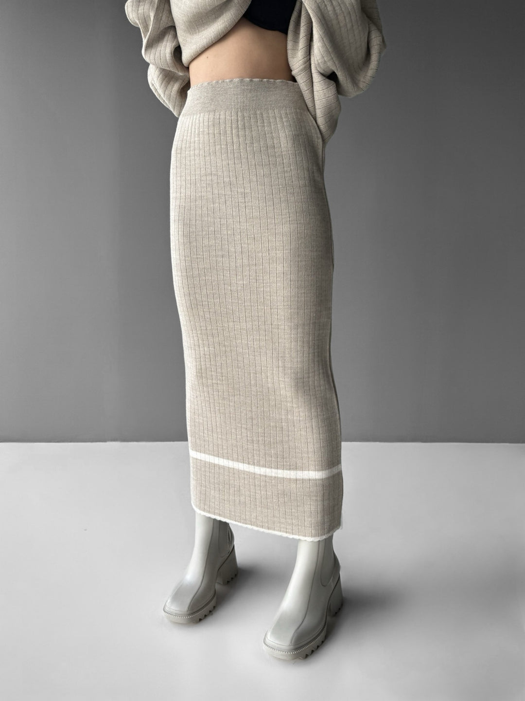 Midi Knit Line Skirt - Stone