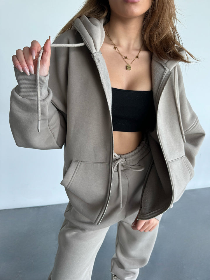 Basic Women Zipper Hoodie - Light Grey