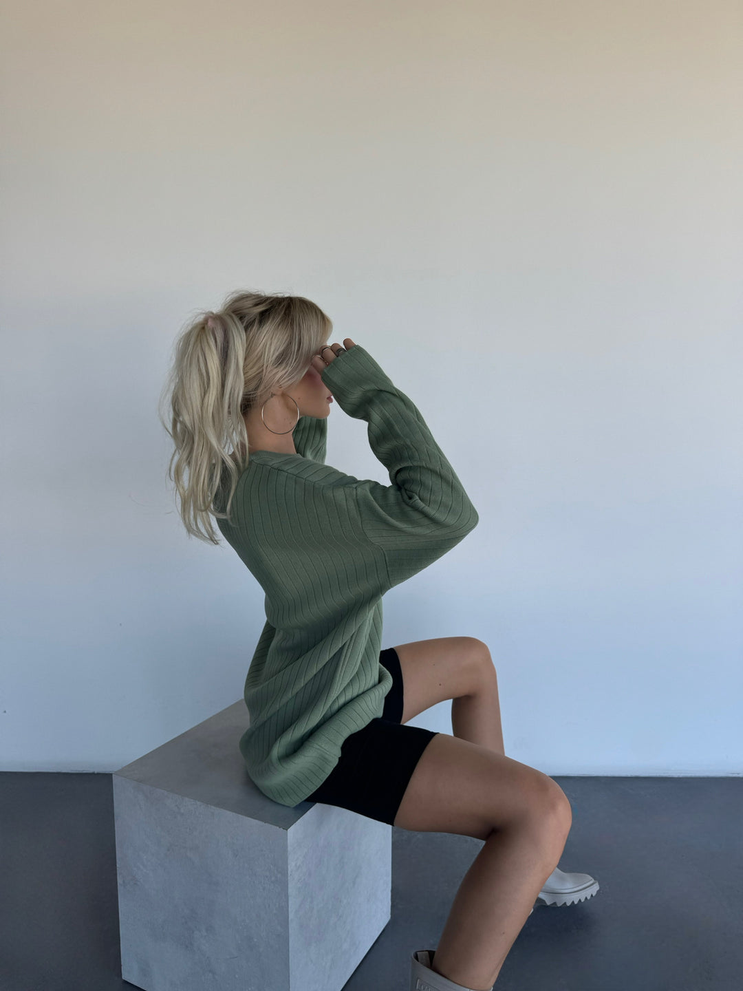 Oversize Wide Ribbed Long Arm Knit Sweatshirt - Grass