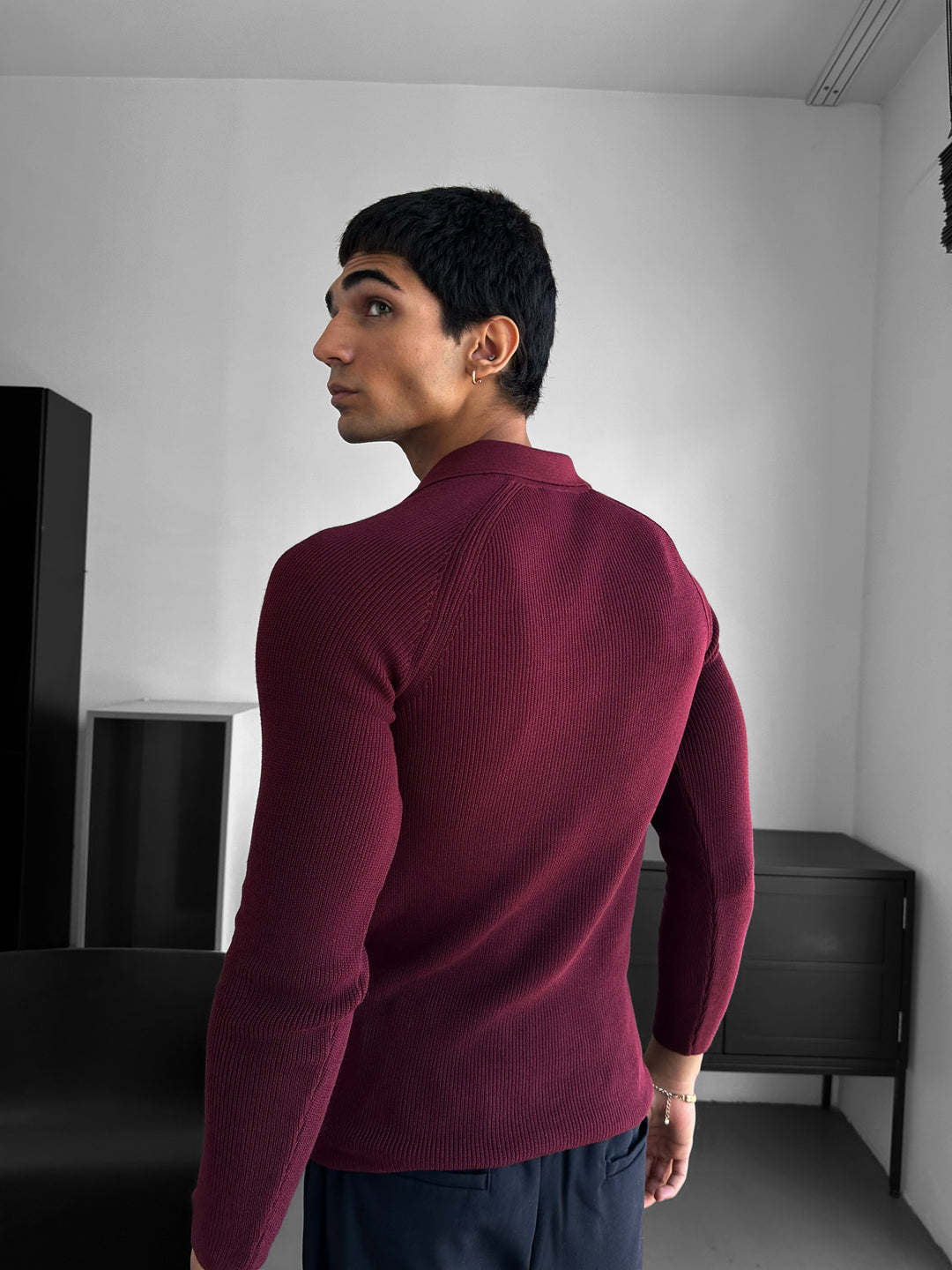 Slim Fit Knit Zipper Polo Sweater - Plum