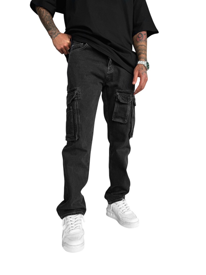 Baggy Cargo Jeans with Pockets - Black