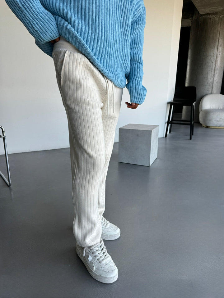 Loose Fit Wide Ribbed Knit Pants - Ecru