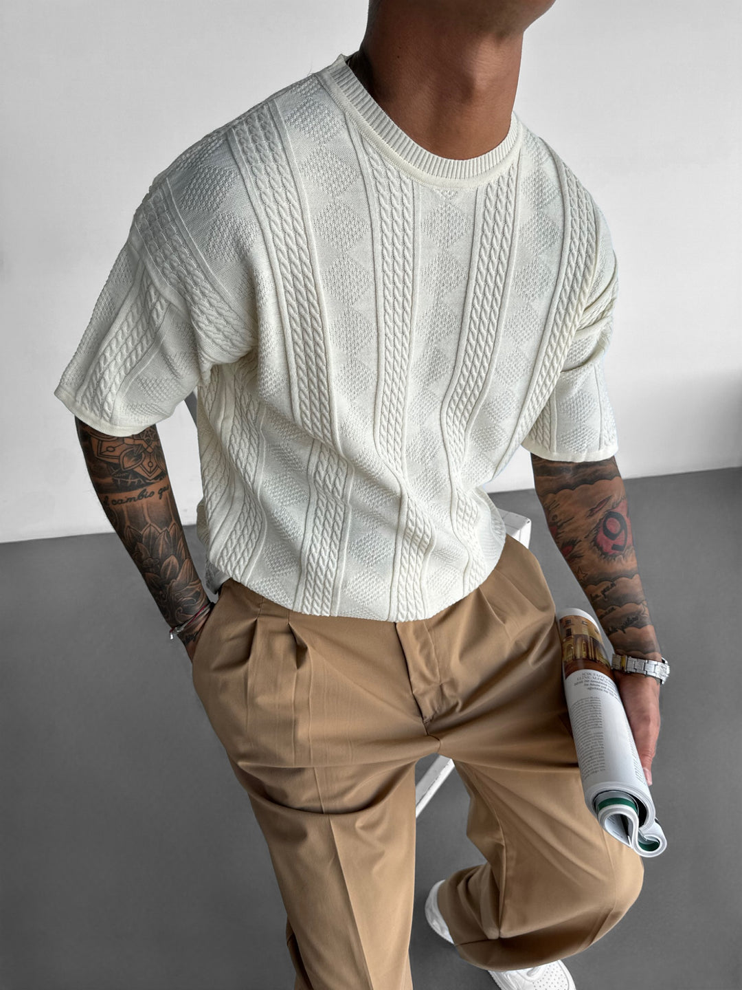 Oversize Structure Knit T-shirt - Ecru