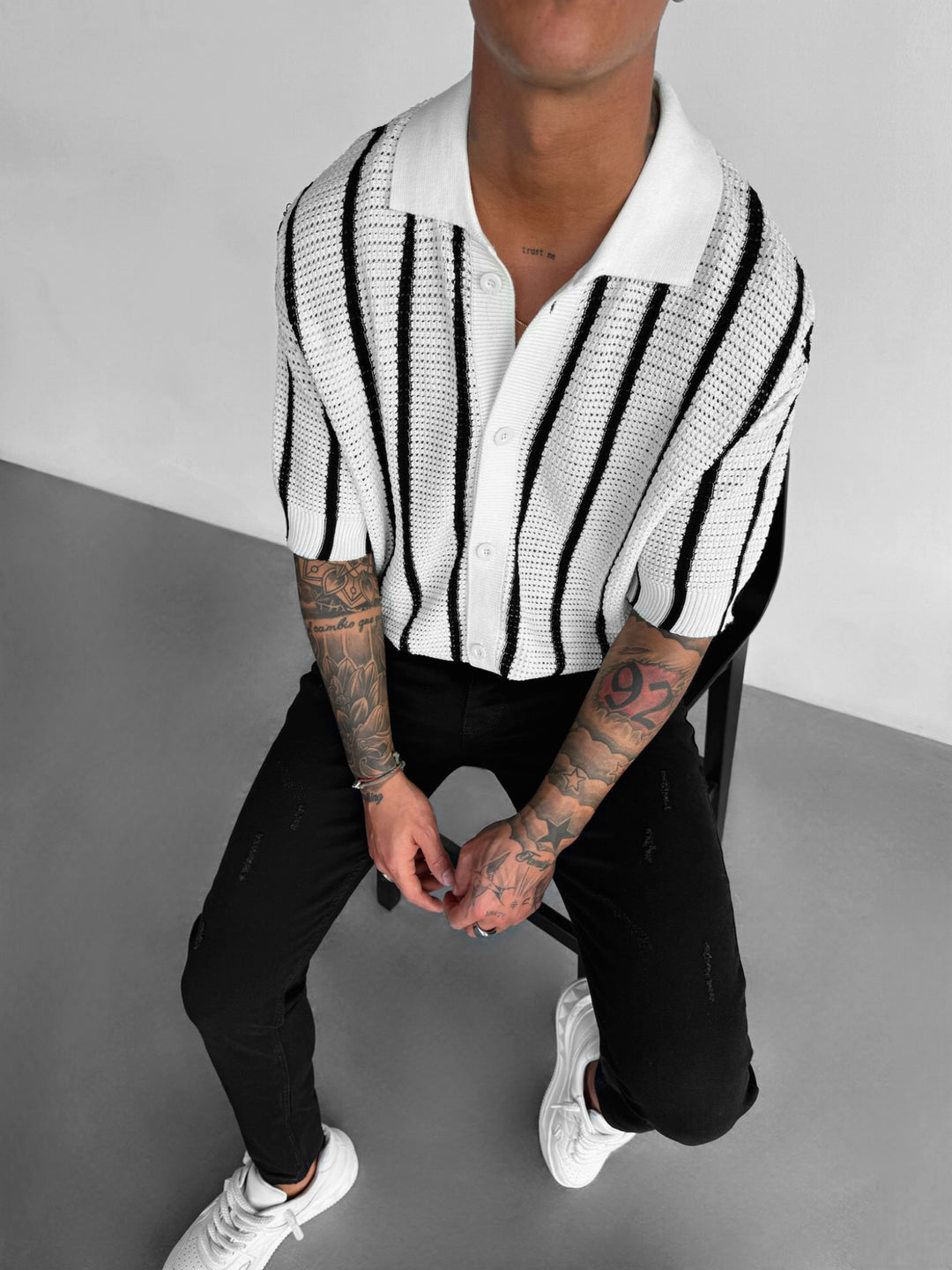 Oversize Knit Lines Shirt - Ecru and Black