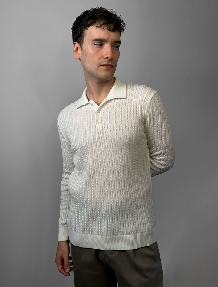 Slim Fit Textured Polo Knit Sweater - Ecru