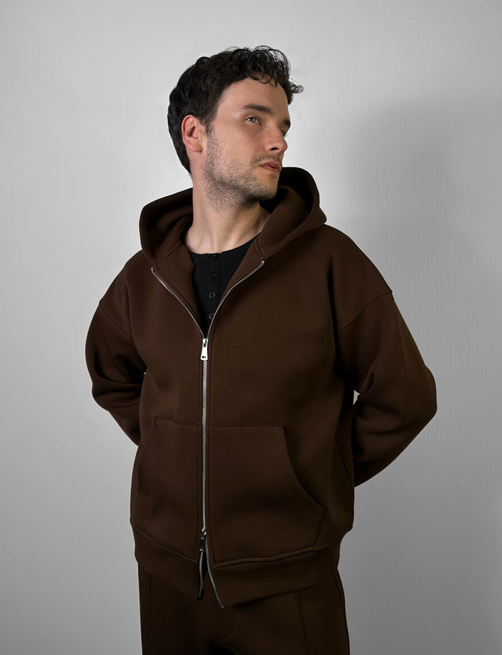 Loose Fit Double-Zip Hoodie - Brown