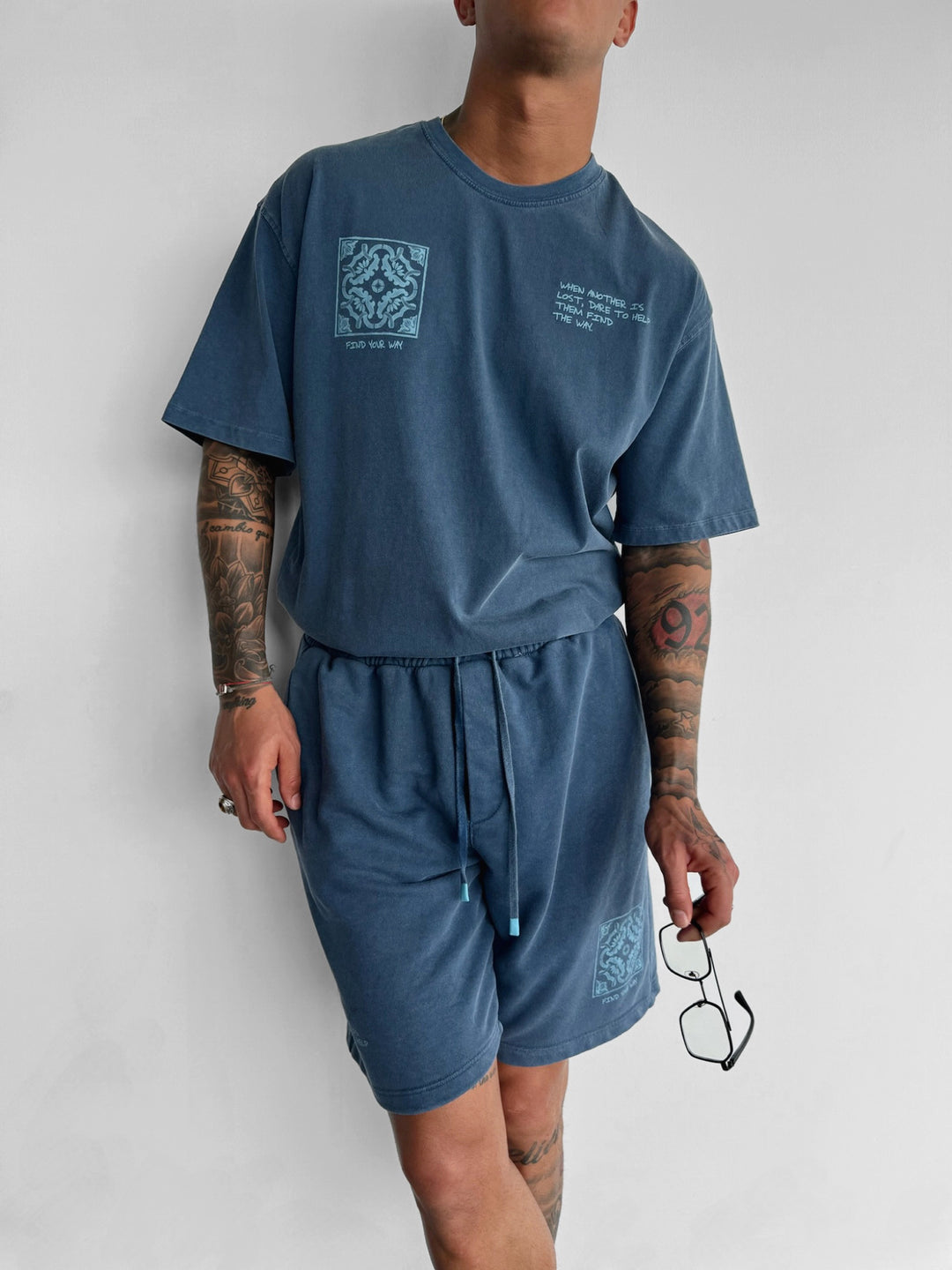 Loose Fit Printed Washed Shorts - Blue
