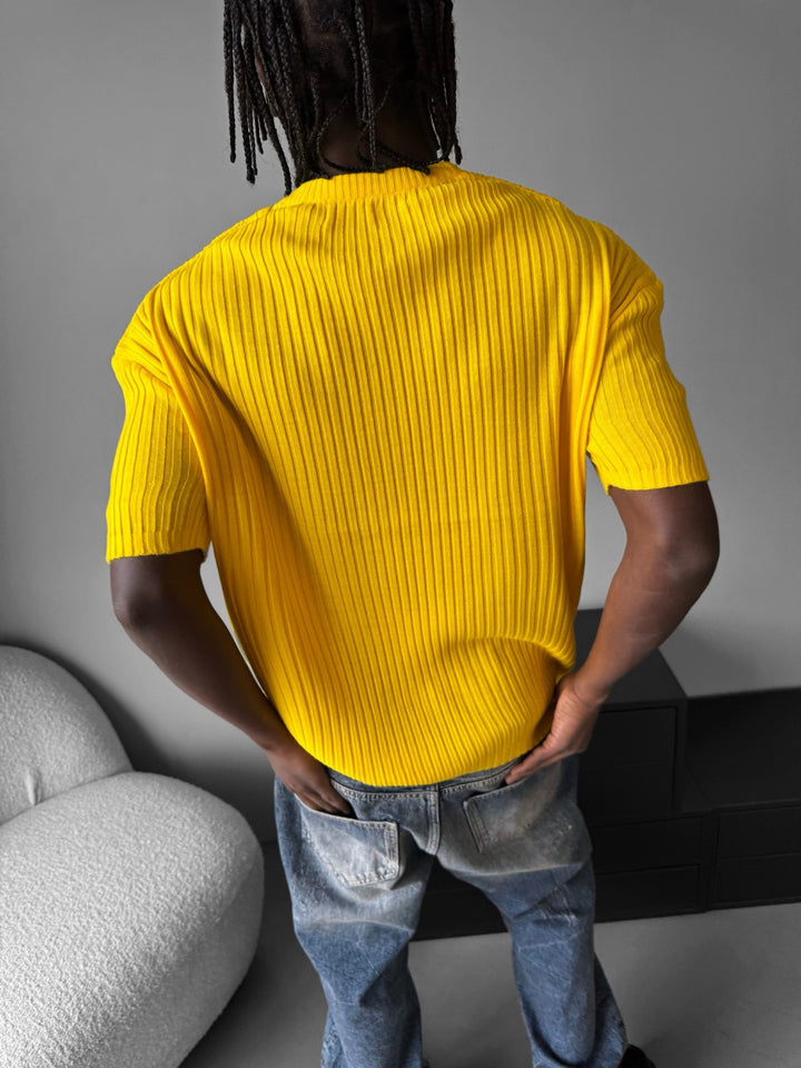 Loose Fit Ribbed Knit T-Shirt - Yellow