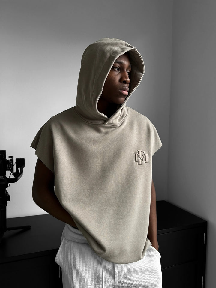 Loose Fit Sleeveless Hoodie - Warm Grey Pale