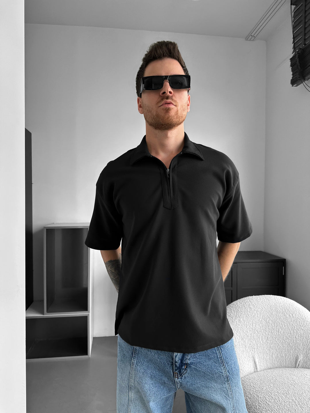 Loose Fit Half-Zip Polo T-shirt - Black