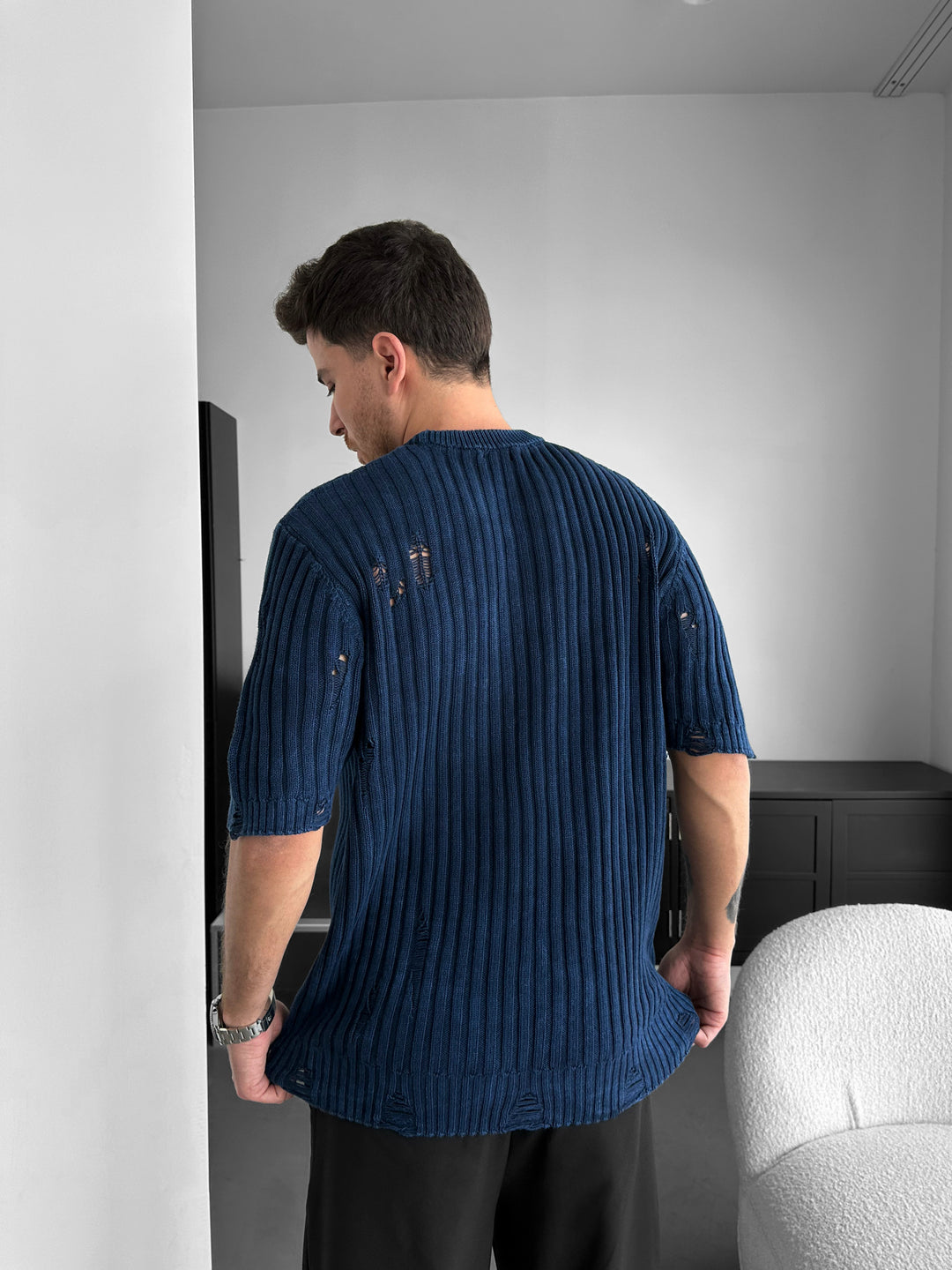 Oversize Torn Washed Knit T-shirt - Blue
