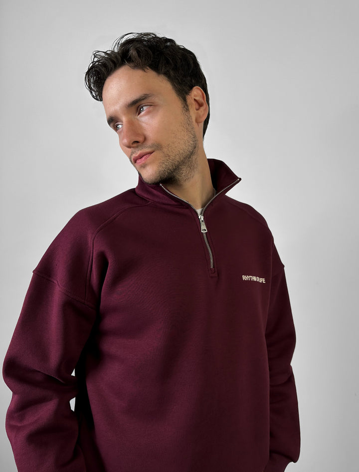 Oversize Half-Zip Motto Sweatshirt - Bordeaux