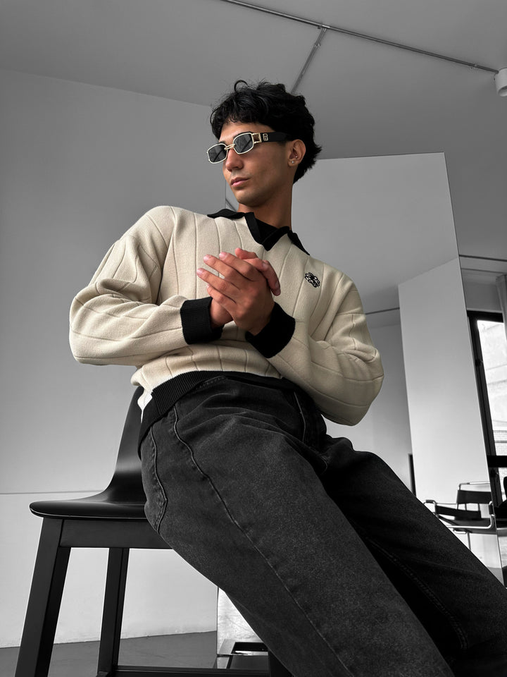 Oversized Embroidered Polo Sweater - Stone