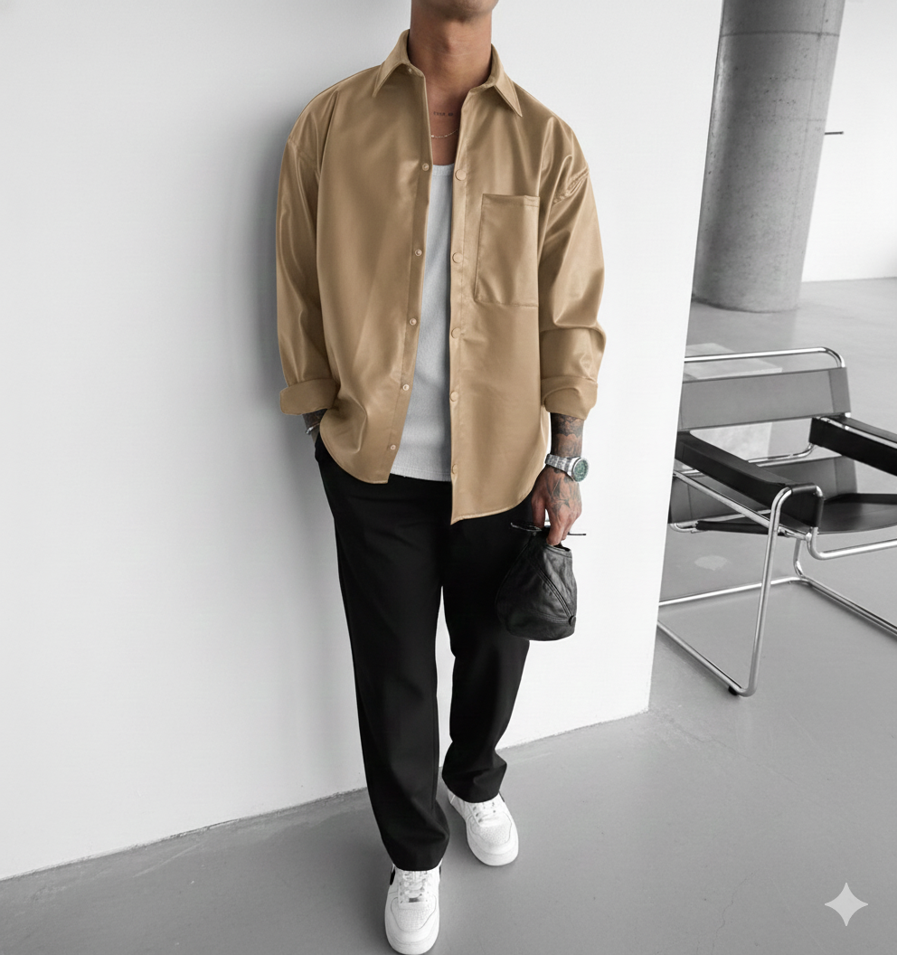 Oversize Leather Optik Shirt - Beige