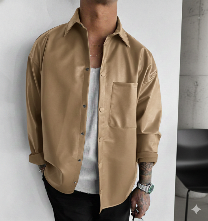 Oversize Leather Optik Shirt - Beige