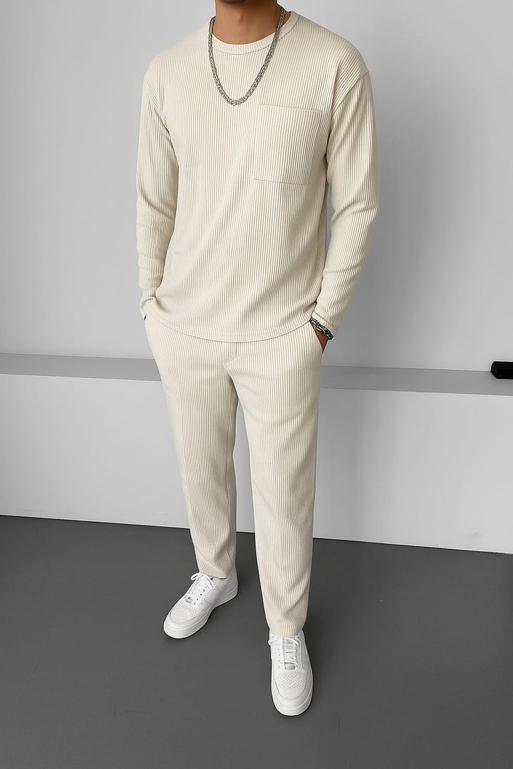 Loose Fit Striped Trousers - Beige