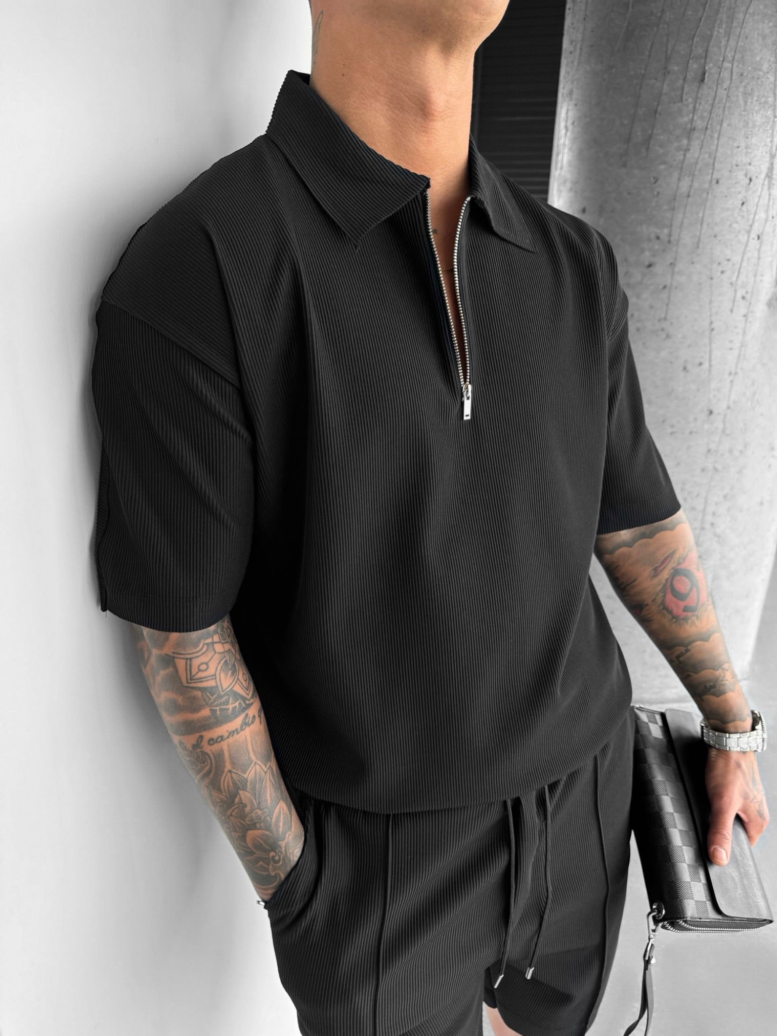 Oversize Textured Zipper Polo T Shirt Black