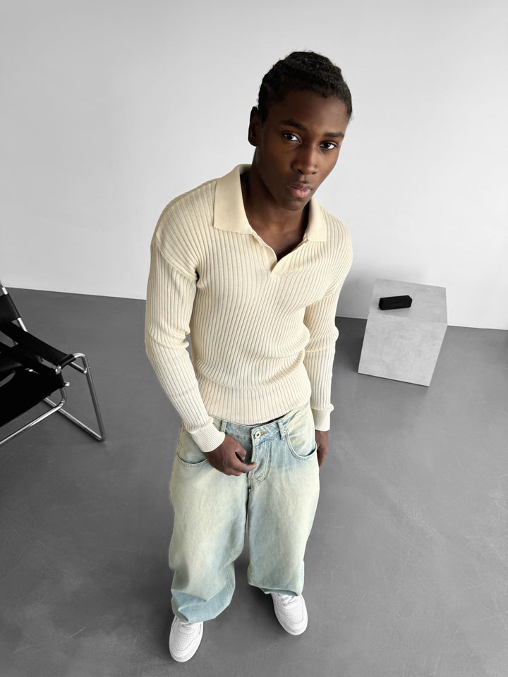 Slim Fit Knit Polo Sweater - Beige