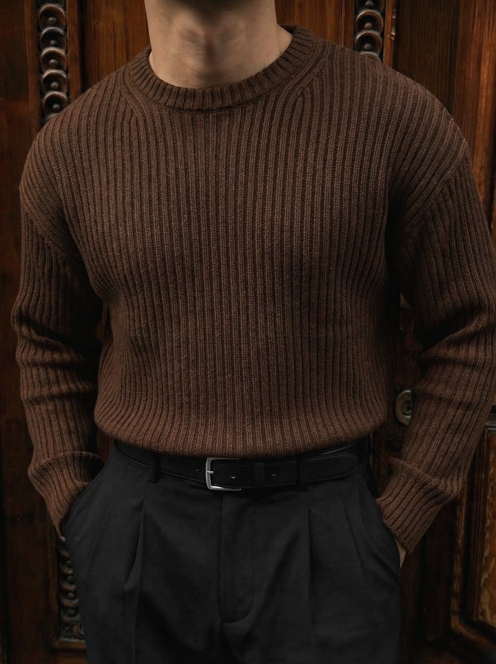 Loose Fit Striped Structure Pullover - Dark Brown