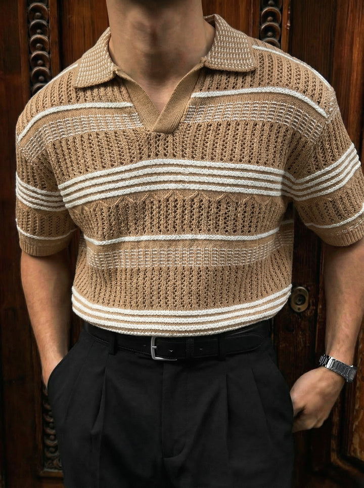 Loose Fit Patterned collar knit T-Shirt - Brown