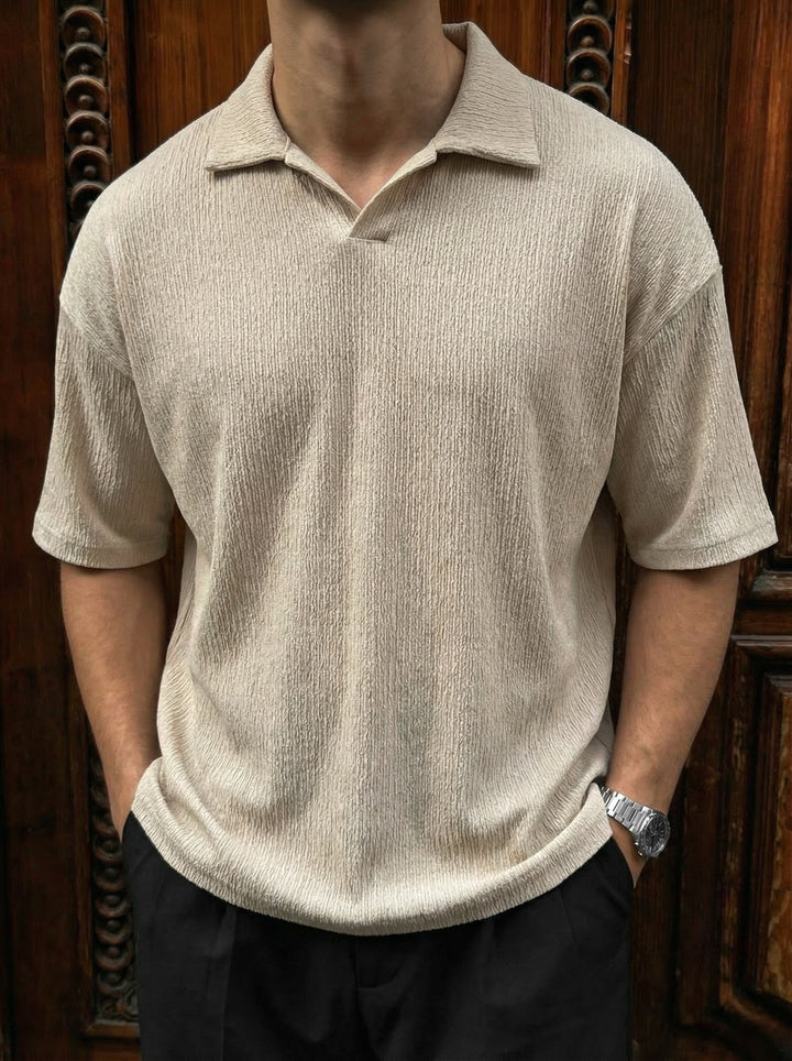 Oversize Crepe Polo T-Shirt - Beige