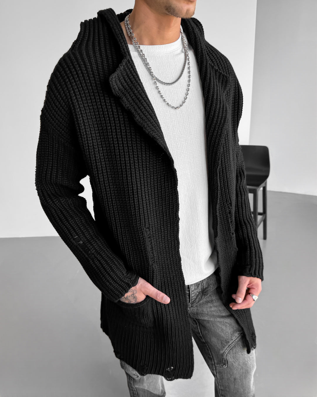 Loose Fit Long Knit Cardigan - Black