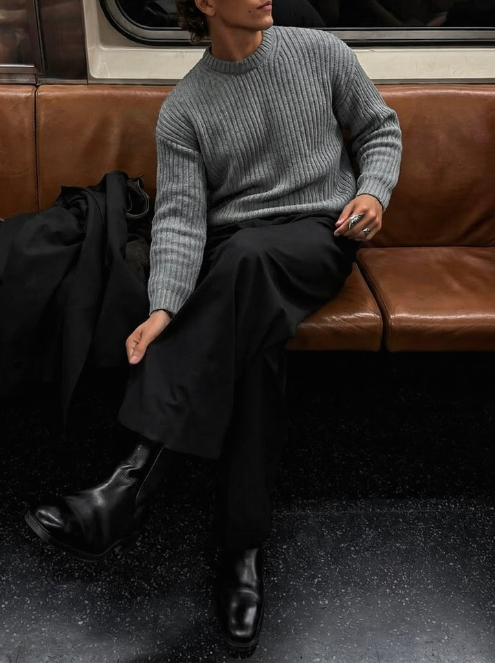 Loose Fit Striped Structure Pullover - Grey