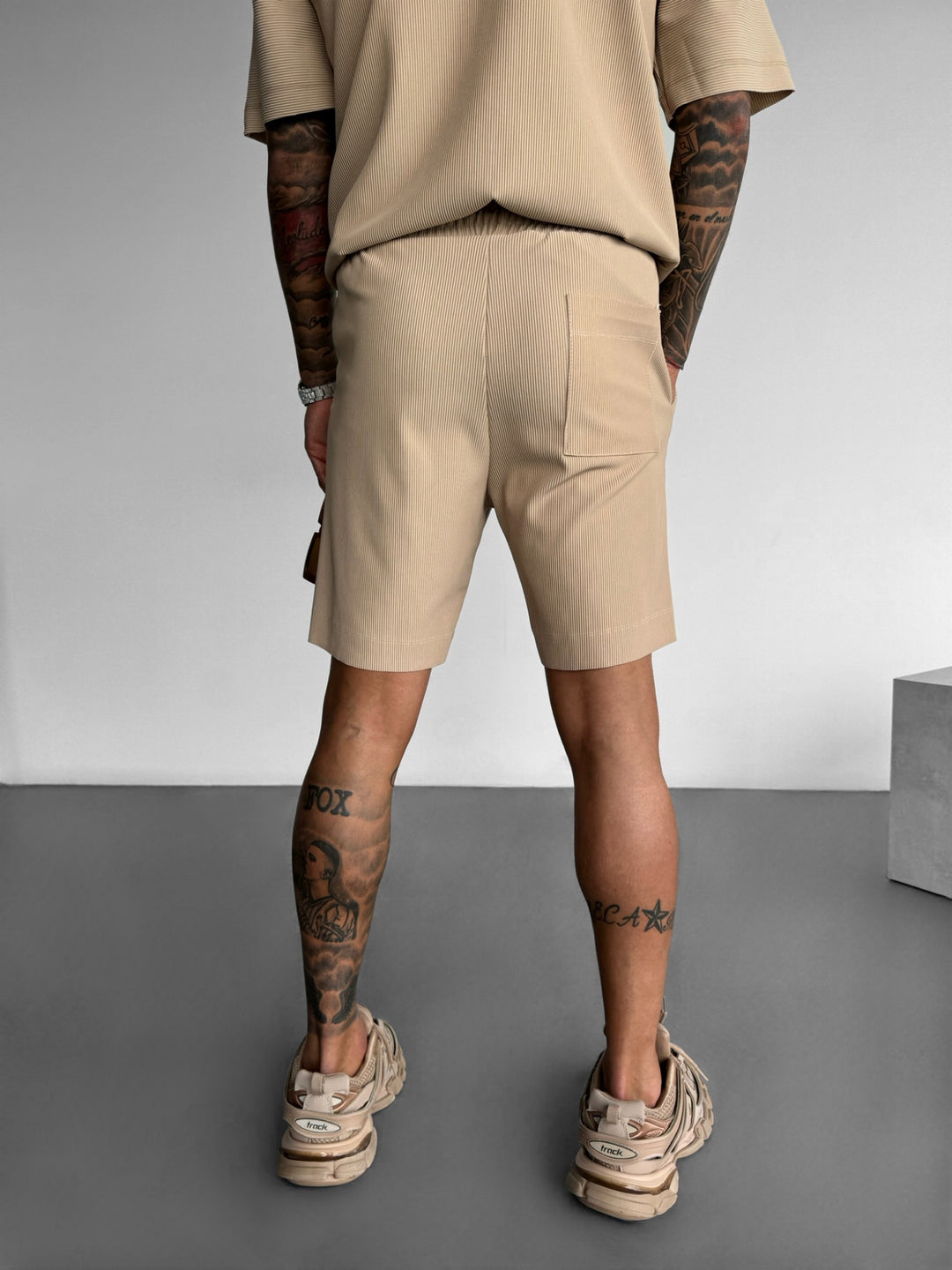 Loose Fit Textured Seam Shorts - Beige
