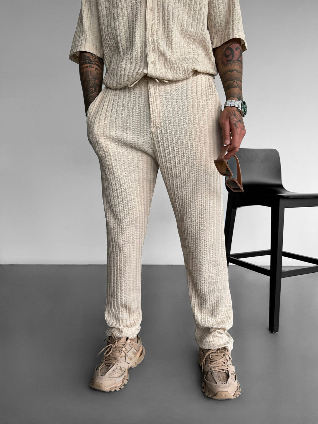 Loose Fit Structured Trousers - Beige