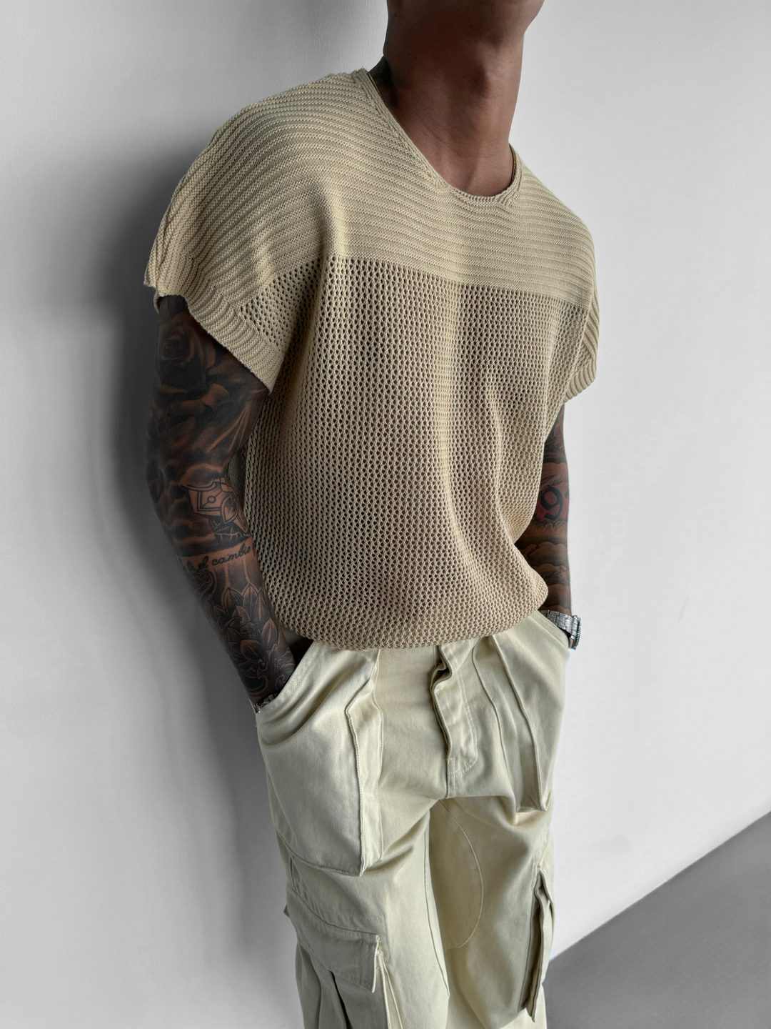 Oversize Textured Knit T-shirt - Beige