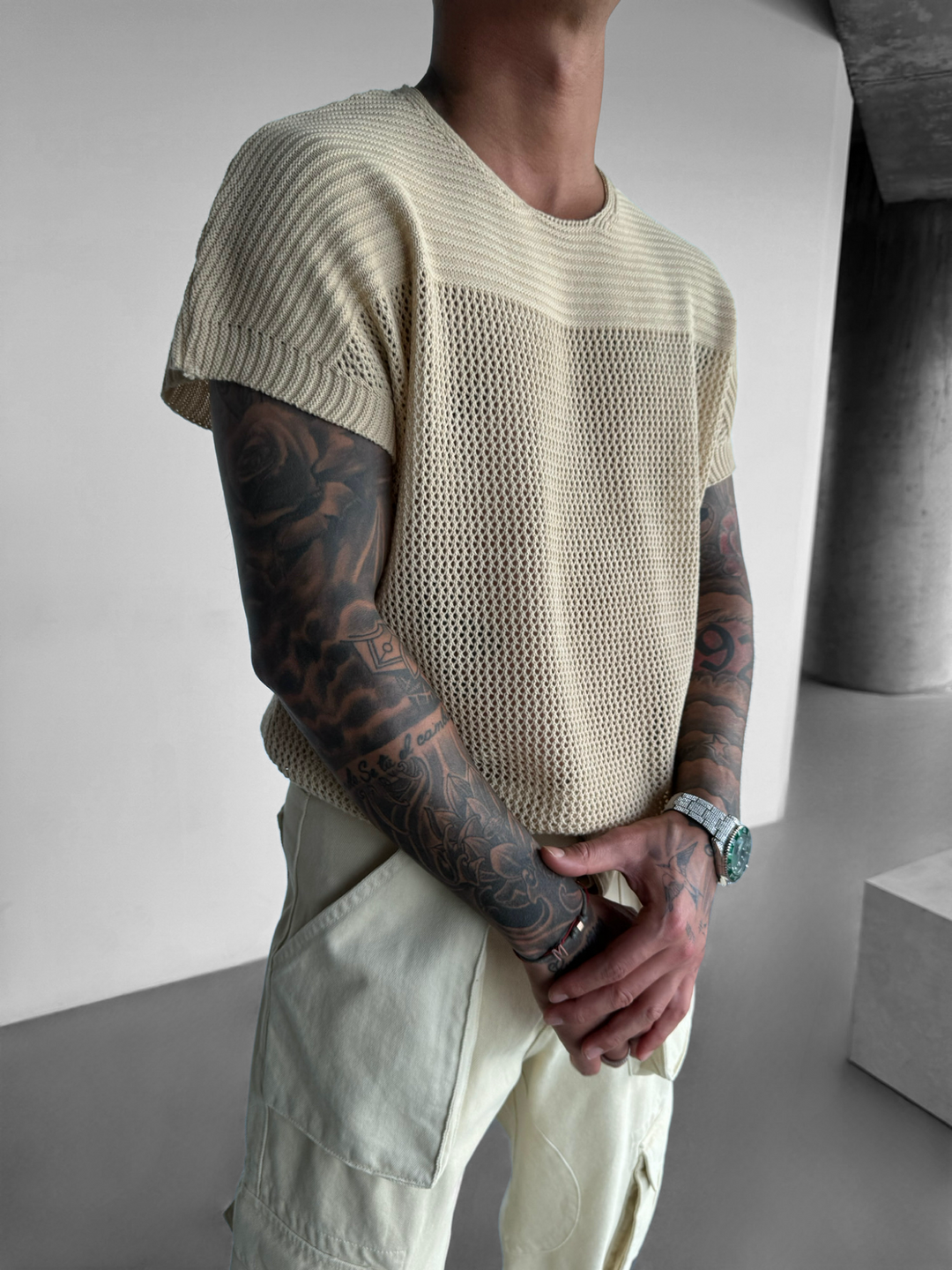 Oversize Textured Knit T-shirt - Beige