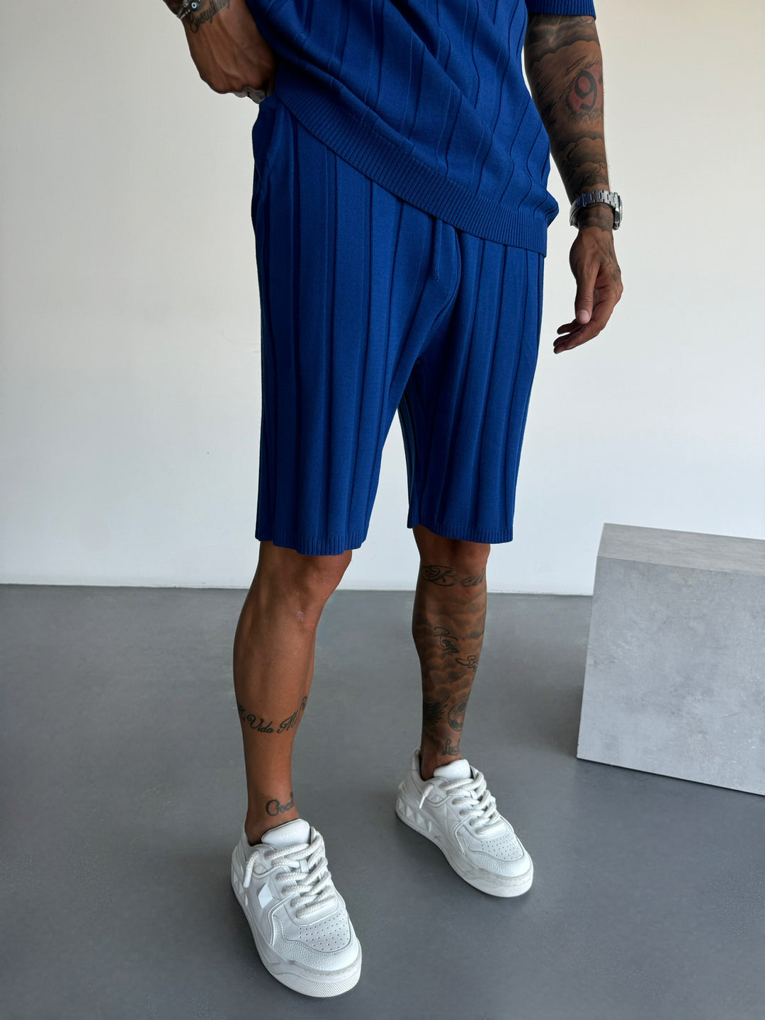 Loose Fit Wide Ribbed Shorts - Deep Blue