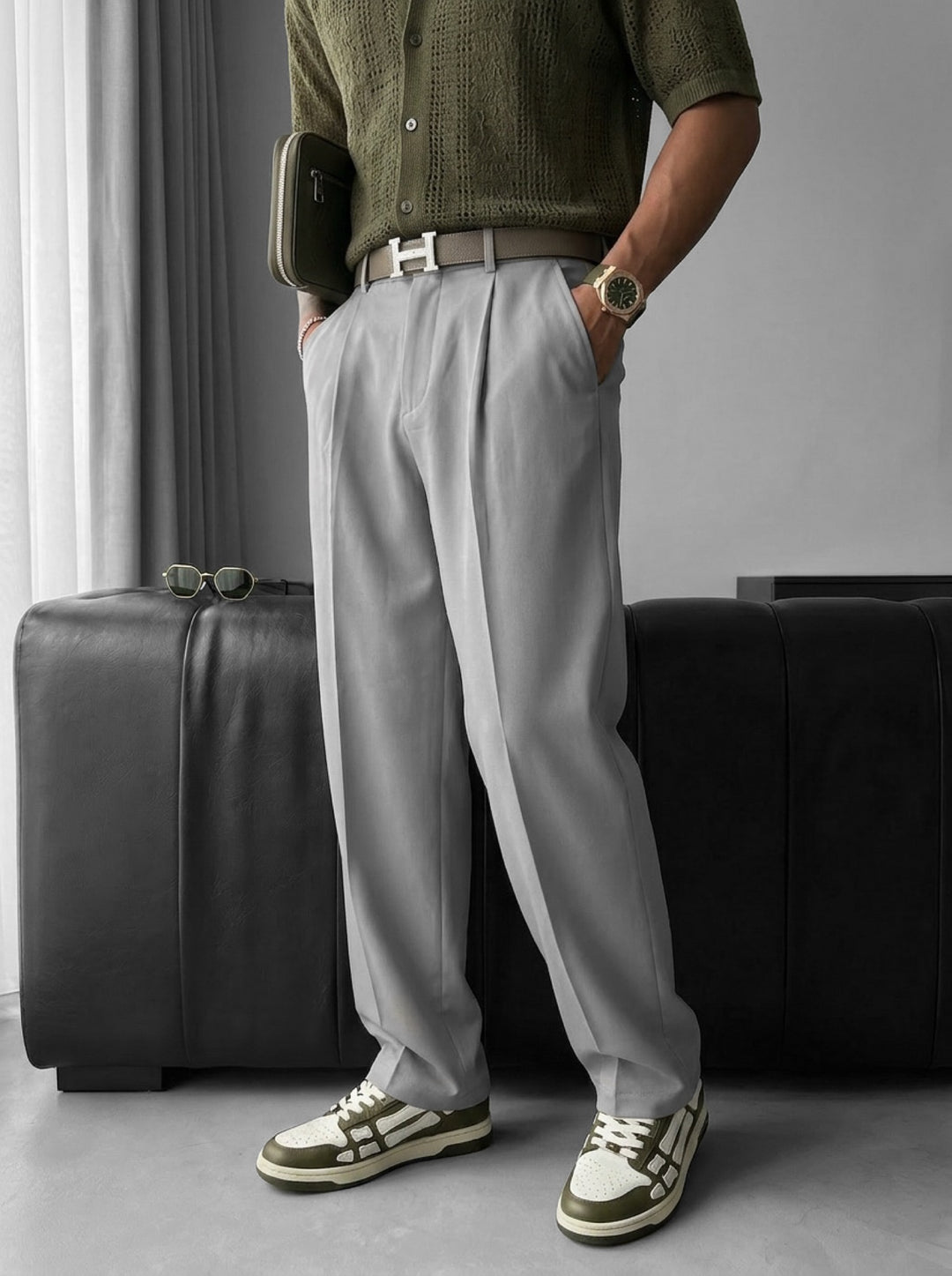 Loose Fit Pleated Trousers - Grey