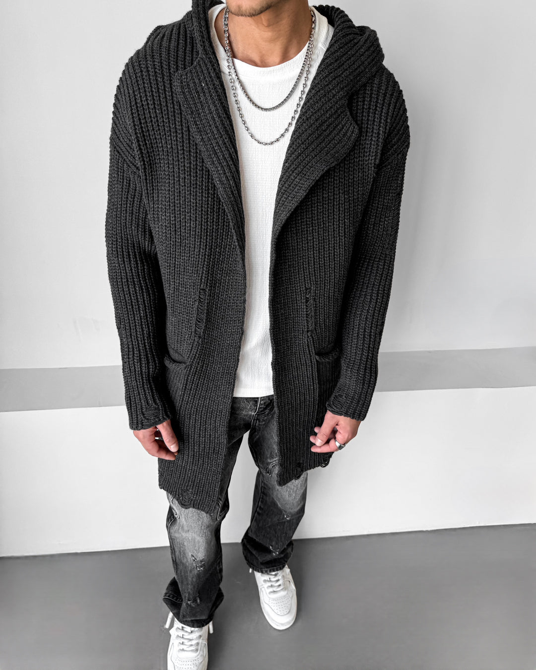 Loose Fit Long Knit Cardigan - Anthracite