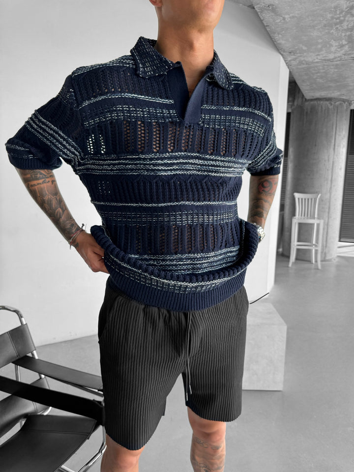 Oversize Knit Polo T-Shirt - Indigo