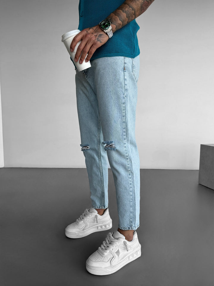 Ripped Washed Boyfriend Jeans - Ice Blue