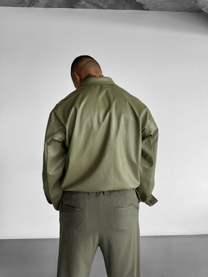 Oversize Leather Optik Shirt - Khaki